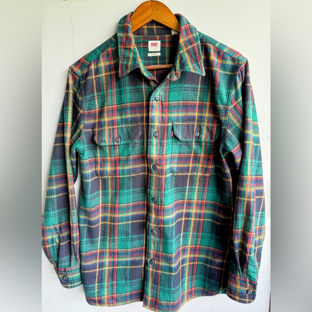 Levi’s Green Plaid Flannel Shirt Tartan Button Front Relaxed Fit S